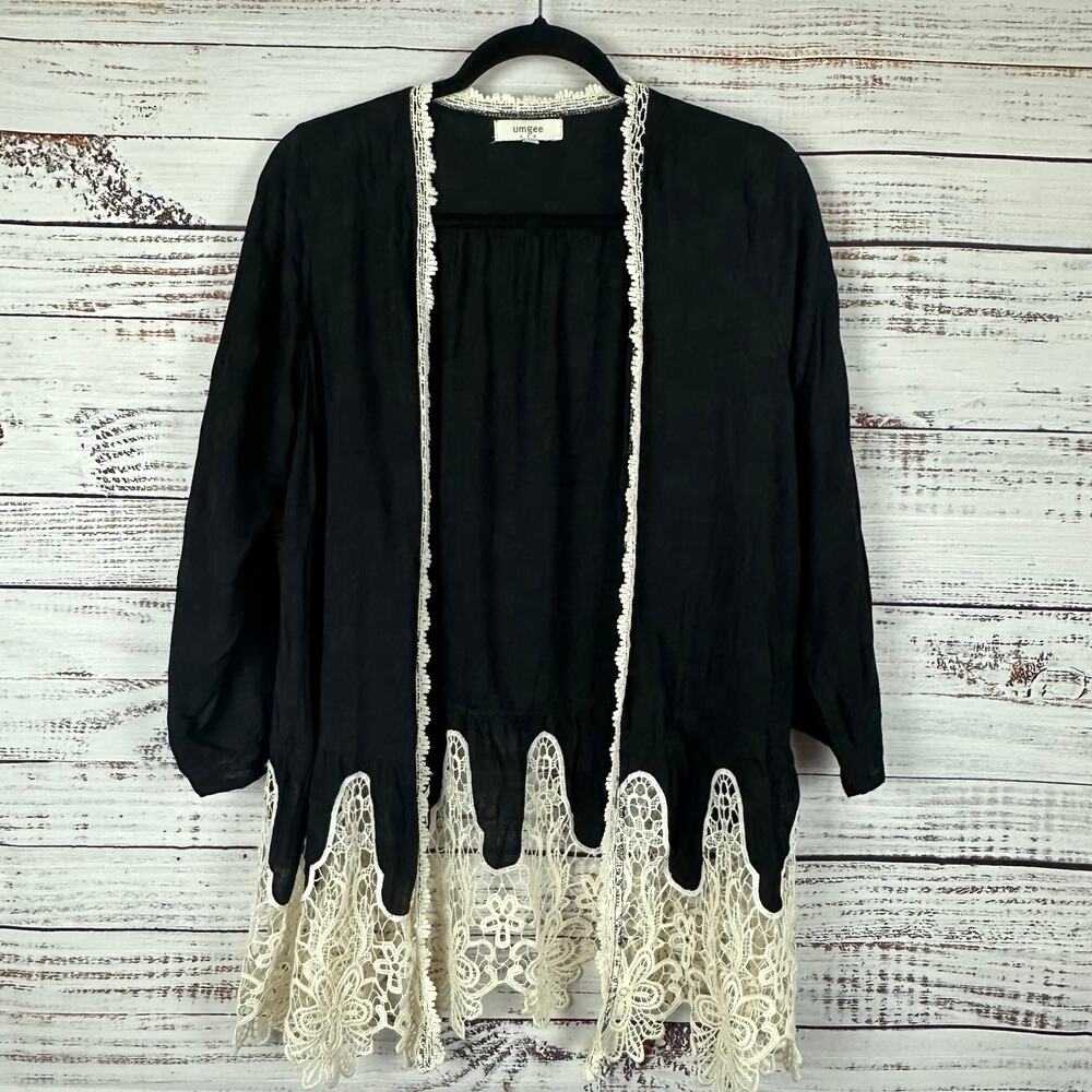 Womens Umgee Black & Cream Lace Open Front 3/4 Sleeve Kimono Boho Flowy Sz M